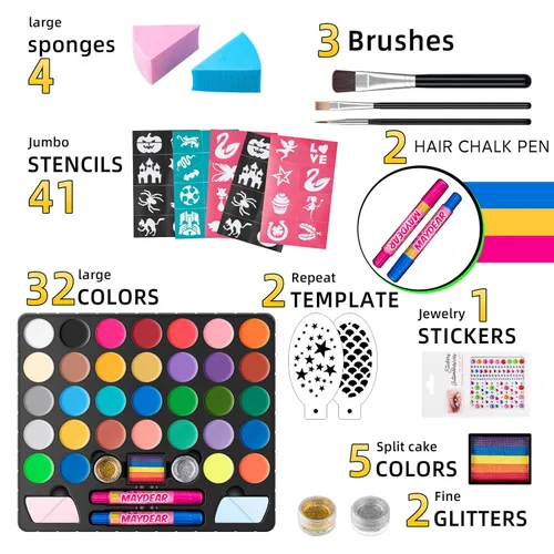 Miniatura 2 de Maydear Kit de Pintura Facial para Niños, Paleta de Maquillaje a Base de Agua de 32 Colores con Plantillas, Brillos, Pastel de Arcoíris Dividido