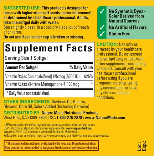Miniatura 7 de Nature Made Suplemento de Vitamina D3 K2, 5000 UI (125 mcg) Vitamina D para Huesos, Dientes, Músculos y Apoyo Inmunológico, 30 Cápsulas Blandas