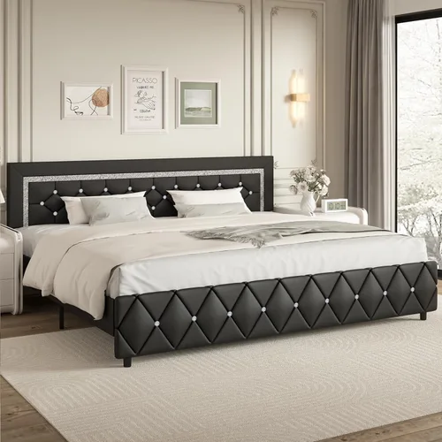 Miniatura 3 de BarnFurin Base de cama y cabecero tamaño King, cama tapizada de piel sintética con diseño capitoné de diamante, base de cama de plataforma moderna