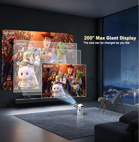 Miniatura 4 de Proyector portátil KTV JY320, mini proyector compatible con 4K con 2 micrófonos inalámbricos, WiFi6, Bluetooth, giratorio de 180°, proyector de cine