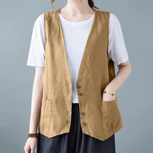 Miniatura 26 de COTECRAM Chaleco de lino de algodón para mujer, casual, sin mangas, con botones, ligero, para verano, holgado, ropa de abrigo