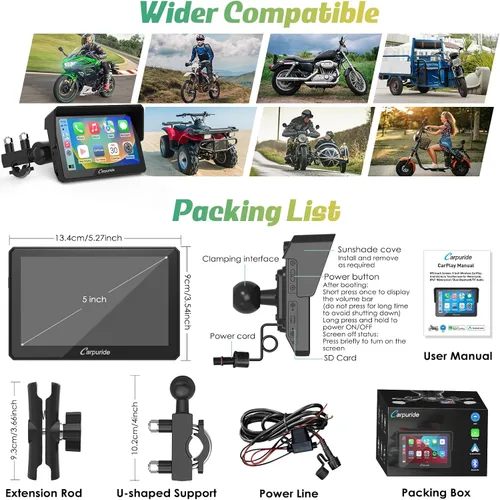 Miniatura 8 de Carpuride W502 motocicleta GPS inalámbrico portátil Carplay/Android Auto impermeable coche estéreo, 5 "IPS pantalla táctil con doble Bluetooth