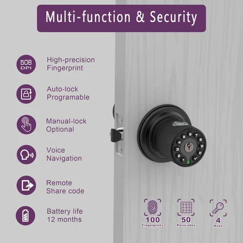Miniatura 3 de BOTHSTAR Cerradura de perilla de puerta sin llave de doble cara con huellas dactilares y teclado, perilla inteligente con cilindros dobles