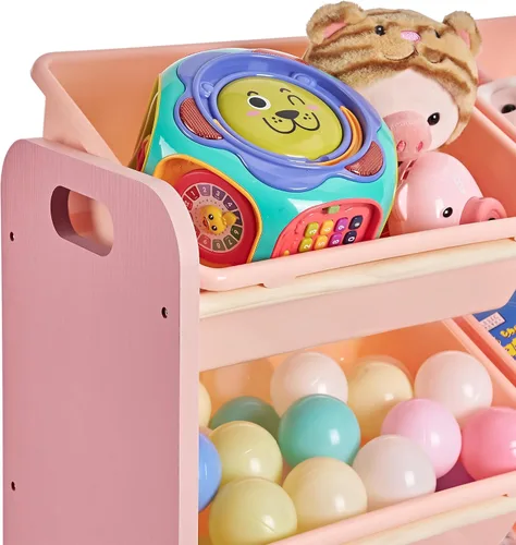 Miniatura 4 de VECELO Organizador de almacenamiento de juguetes para niños de gran capacidad con 12 contenedores - Estante de madera para juguetes para niños Rosa