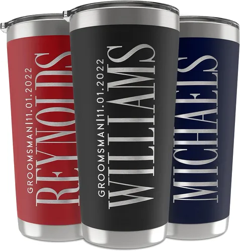 Miniatura 24 de Regalos de padrinos de boda, vaso personalizado con inicial grabada, nombre y título, 20 onzas, 3 colores, vaso de acero inoxidable de doble pared
