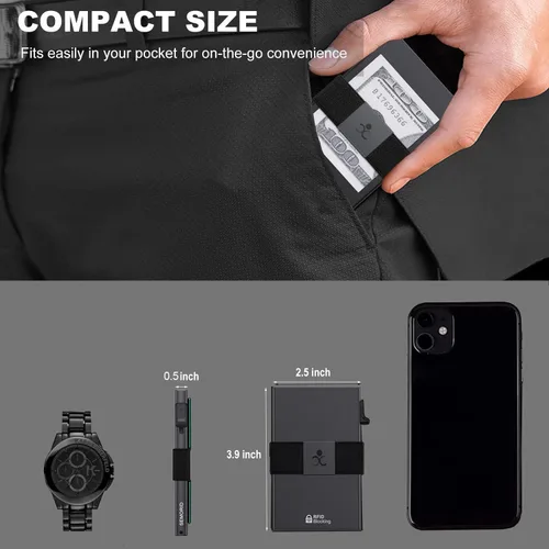 Miniatura 84 de Cartera delgada de aluminio para hombre, placa trasera expandible duradera, bloqueo RFID, billetera desplegable de metal minimalista, con capacidad