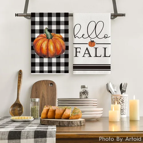 Miniatura 2 de Artoid Mode Juego de 2 toallas de cocina con diseño de calabaza, diseño de calabaza de búfalo, 18 x 26 pulgadas, decoración de temporada, juego de 2