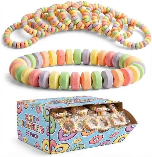 Paquete de 36 pulseras de caramelo a granel para niños de 2.5 pulgadas, envueltas individualmente, pulseras elásticas comestibles con sabor a fruta
