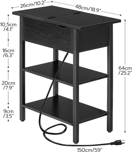 Miniatura 3 de HOOBRO - Mesa auxiliar lateral, mesa de centro abatible con estación de carga y estantes, puertos USB y tomas de corriente, mesita de noche estrecha