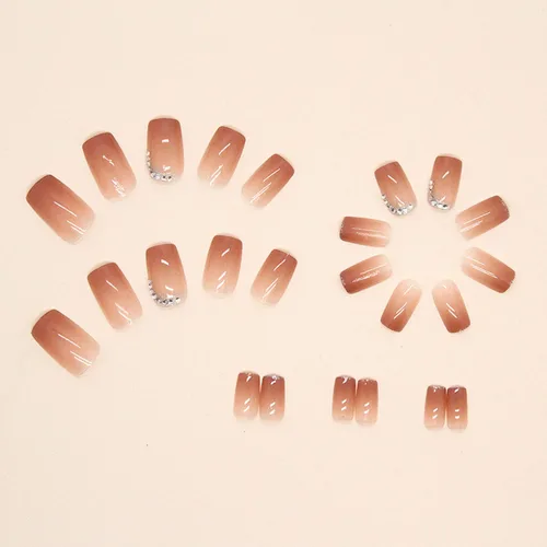 Miniatura 2 de Uñas postizas cortas a presión, cuadradas, color rosa nude, cobertura completa, uñas postizas brillantes con purpurina con diseño de diamantes