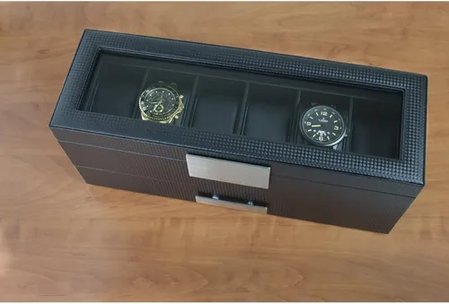 Miniatura 7 de Caja de reloj con cajón de Valet para hombre - organizador de exhibición de la caja de reloj de lujo de 6 ranuras, diseño de fibra de carbón