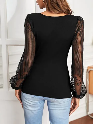 Miniatura 2 de OYOANGLE Camiseta de maternidad con cuello en V y manga de farol, malla de contraste, para mujer