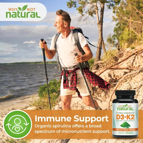 Miniatura 7 de Why Not Natural Vitamina D3 K2 (MK-7) con espirulina orgánica, suplemento extra fuerte de 10000 UI en cápsulas vegetales, apoya la salud ósea