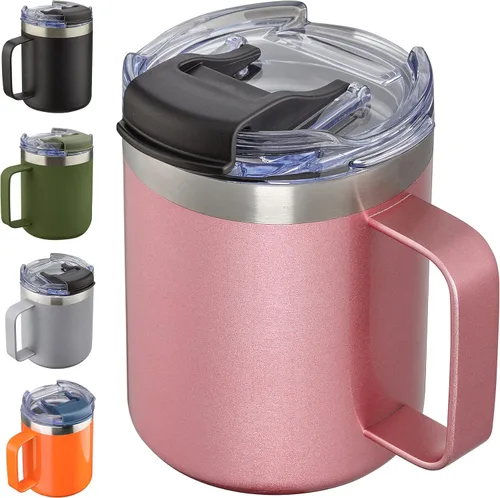 Miniatura 11 de Taza de café aislada de 12 onzas con asa, taza de café de viaje de acero inoxidable con tapa abatible, vaso de café de doble pared con aislamiento