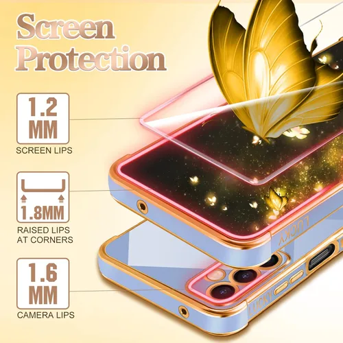 Miniatura 3 de Funda de teléfono para Samsung Galaxy A14 5G con diseño de mariposas para mujeres y niñas, diseño de mariposas chapadas en oro y azul oscuro