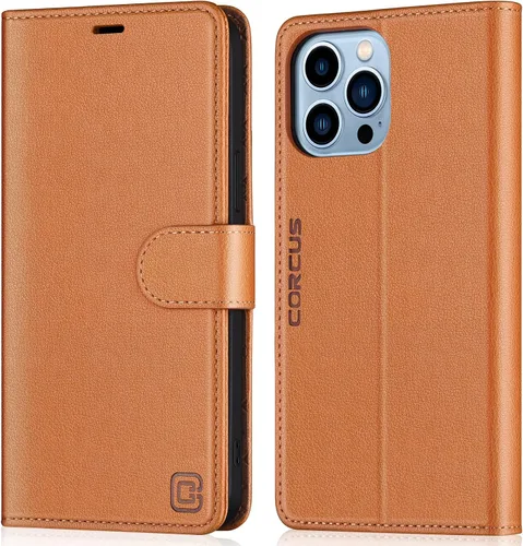Miniatura 21 de Funda tipo cartera para iPhone 13 Pro Max de 6.7 pulgadas, con bloqueo RFID, tarjeteros, función atril, cierre magnético, de piel sintética, Coñac