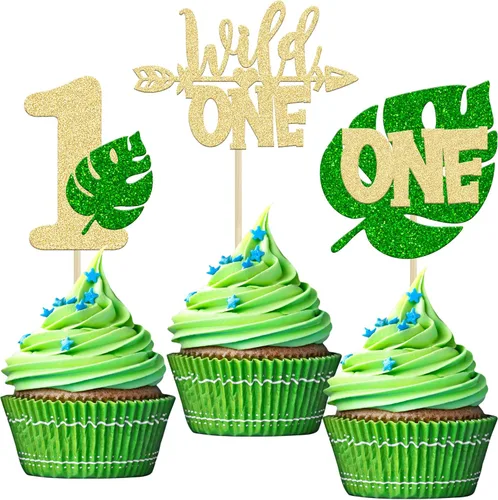 Miniatura 8 de Paquete de 24 adornos para cupcakes de hojas de Monstera con purpurina de safari en la selva, tres púas para cupcakes número 3, decoración de Green-3