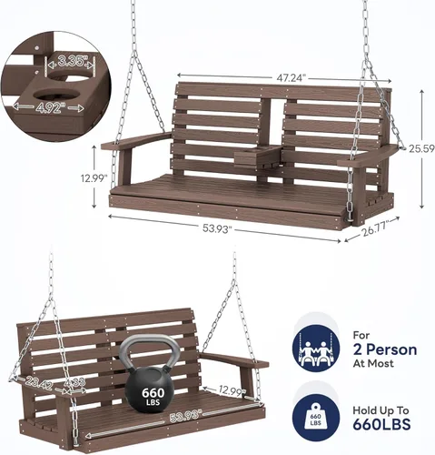 Miniatura 61 de KINGYES Columpio colgante para porche al aire libre, silla de columpio de patio de 2 asientos con portavasos, banco impermeable para patio y jardín