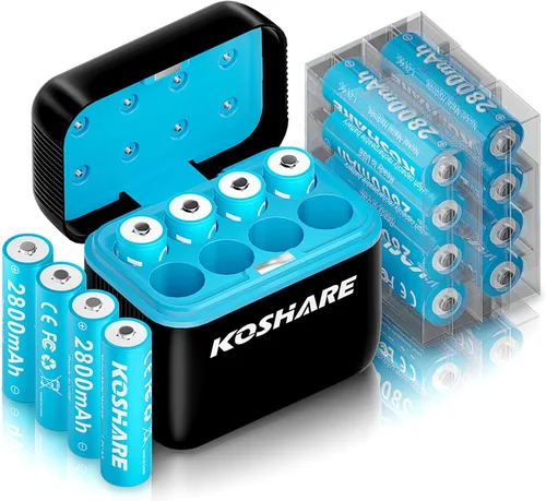 Batería AA recargable con cargador, 16 baterías Ni-MH de 1.2 V con 16 x 2800 mAh AA de alta capacidad, 800 ciclos, precarga, tipo C y cargador de 8