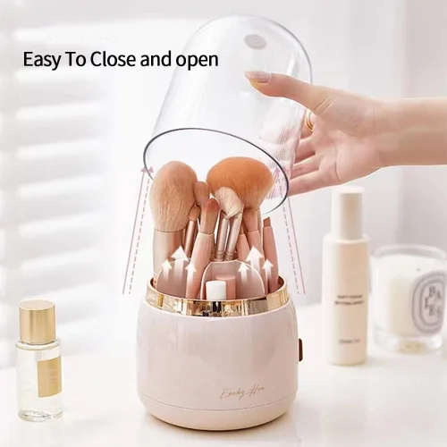 Miniatura 4 de Organizador de brochas de maquillaje rosa con tapa giratoria de 360 grados [2023] Organizador de brochas de cosméticos transparente para tocador