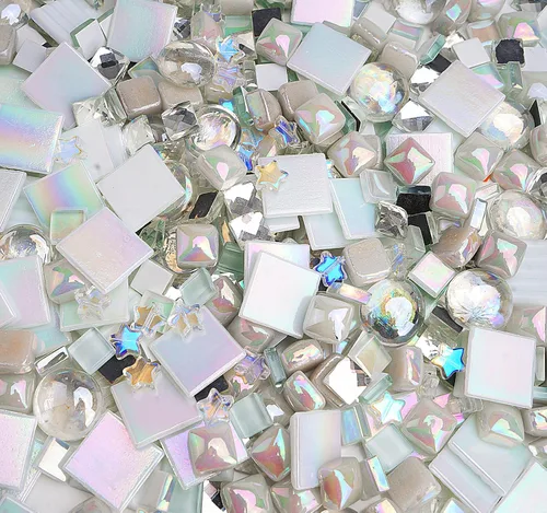 Miniatura 8 de Lanyani 430 azulejos de mosaico de vidrio blanco iridiscente de varios estilos, azulejos de mosaico, azulejos de cristal brillante a granel