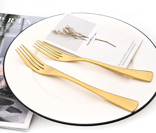 Miniatura 6 de Juego de cubiertos de 24 piezas, espejo de acero inoxidable 18/10, servicio de vajilla de lujo para 4, cuchillo de carne, postre, accesorios para Oro