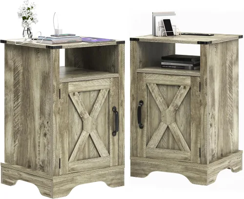 Miniatura 28 de FansaFurn Mesita de noche de granja con estación de carga, mesa auxiliar rústica de madera para dormitorio, sala de estar, 16 pulgadas de Gris claro