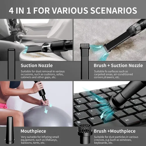 Miniatura 4 de Aspiradora de mano para automóvil, inalámbrica portátil de 20 KPA, potente succión con luz LED, inflador de aire 2 en 1, mini recargable de bajo