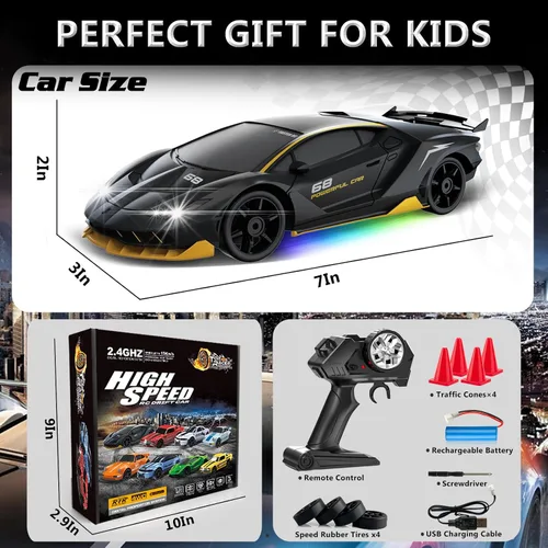 Miniatura 6 de Coche de deriva a control remoto 1:24, auto de control remoto 4WD 15KM/H, auto deportivo de carreras de alta velocidad con luces LED, autos a