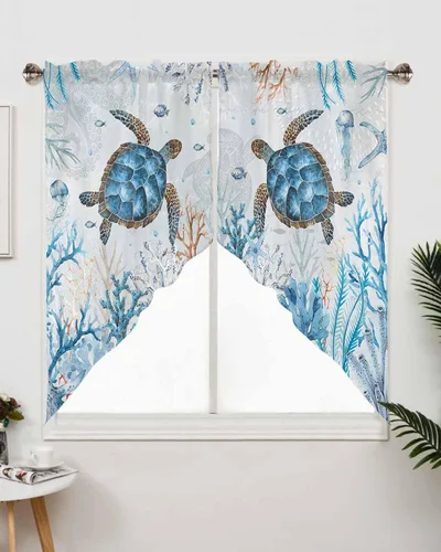 2 cenefas de cortina de tortuga marina para ventanas, juego de cortinas con bolsillo para cortinero, cortinas filtrantes de luz para decoración de