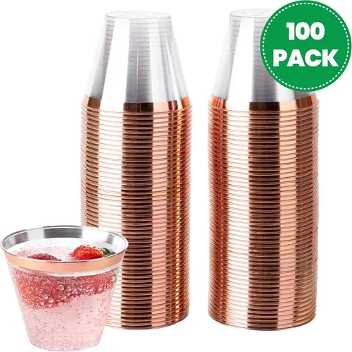 Miniatura 7 de PLASTICPRO Vasos desechables de plástico para fiestas, de 9 onzas, vasos de diseño antiguo, transparentes (transparente con borde de oro rosa, 100)