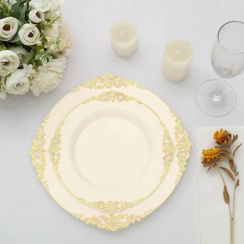 Miniatura 36 de Tableclothsfactory Paquete de 10 platos redondos de plástico barroco dorado de 8 pulgadas para ensalada de postre, vajilla desechable con borde
