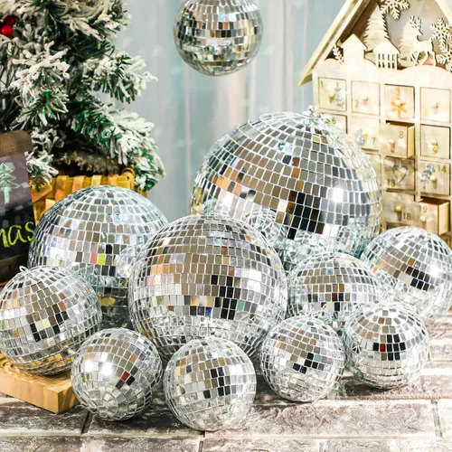Miniatura 2 de Libima Paquete de 12 Bolas de Discoteca Grandes de Decoración Navideña de Diferentes Tamaños Espejo Plateado Colgantes Adornos de Bola de Discoteca