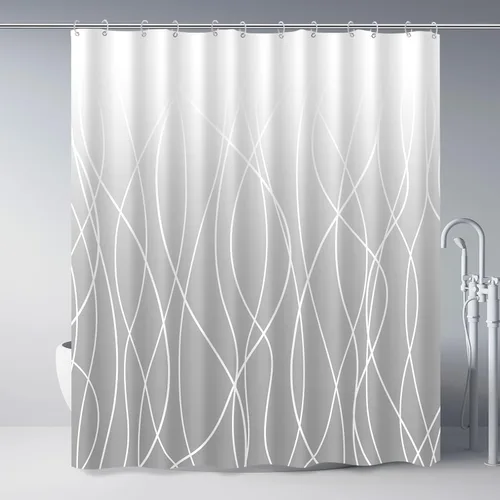Miniatura 64 de Juego de cortinas de ducha azul egeo para baño con ganchos, cortinas de baño decorativas repelentes al agua y lavables con rayas blancas, 72 x 72