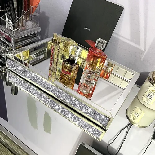 Miniatura 5 de Wocred Organizador de joyas de espejo para tocador de dormitorio, bandeja de baño de diamantes triturados con asas, bandeja de perfume, bandeja