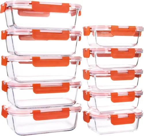 Miniatura 8 de UMEIED Paquete de 10 recipientes de vidrio para almacenamiento de alimentos con tapas a prueba de fugas, juego de recipientes de vidrio herméticos