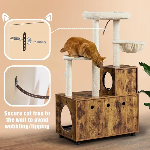 Miniatura 9 de Yaheetech Árbol para gatos, torre para gatos de 53 pulgadas con caja de arena de madera, casa para gatos 2 en 1 con condominio, postes rascadores