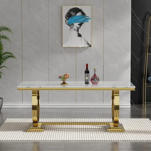 Miniatura 7 de HomVent Juego de mesa de comedor moderna de mármol sintético para 4 personas, mesa de cocina rectangular con 4 sillas beige (dorado)