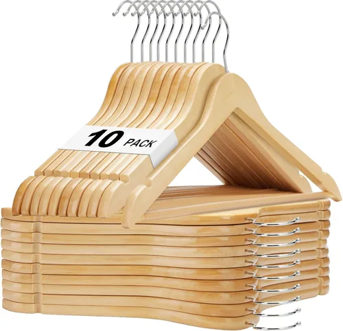 HOUSE DAY - Juego de 10 perchas de madera con barra antideslizante para pantalones, percha de madera resistente para clóset, perchas de madera con