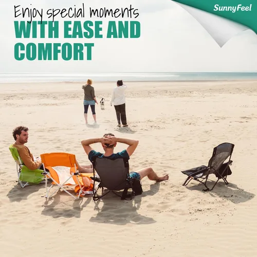 Miniatura 5 de SUNNYFEEL Silla de playa baja plegable para adultos, sillas de camping de playa ligeras portátiles con soporte para tazas, reposabrazos, silla