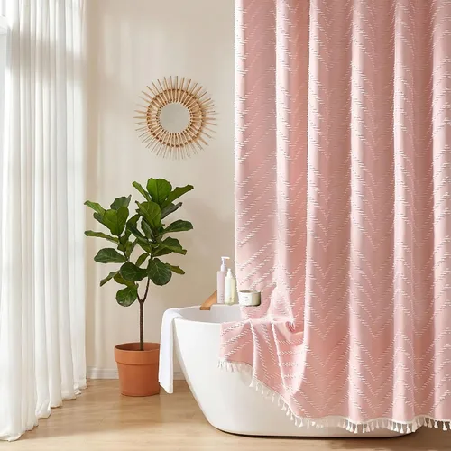 Miniatura 9 de Siiluminisoy Cortina de ducha bohemia rosa de tela tejida con borlas blancas, bonita cortina de ducha moderna de granja con textura tufted de A Pink