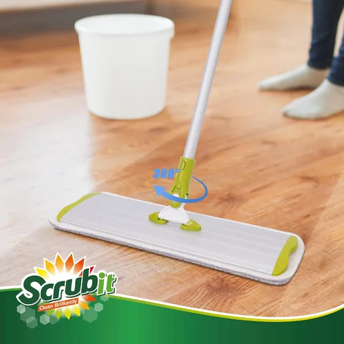 Miniatura 6 de SCRUBIT Trapeador de microfibra para todo tipo de suelos con 2 almohadillas lavables y reutilizables, altura ajustable, mango giratorio de 360