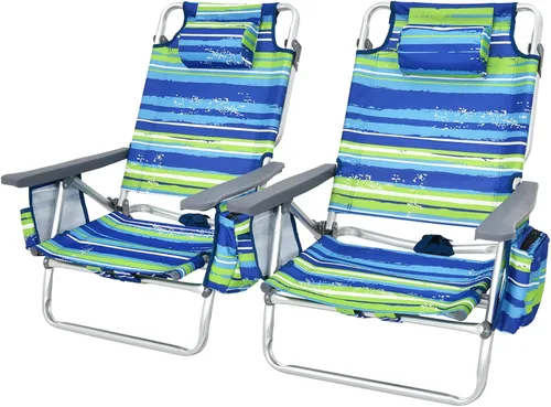 Tangkula Juego de 2 Sillas de Playa con Mochila, Sillas de Playa Reclinables de 5 Posiciones que se Recuestan Completamente con Bolsa Refrigeradora,