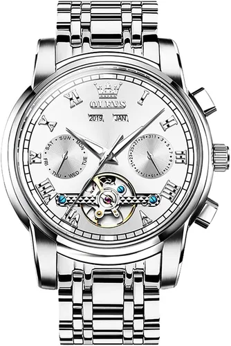 Miniatura 9 de OLEVS Relojes automáticos de cuerda automática para hombre, fecha y día, calendario, relojes de acero inoxidable, movimiento esquelético