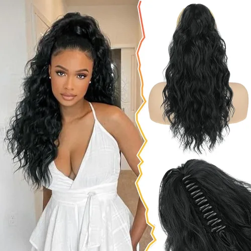 BARSDAR Extensión de cola de caballo negra, extensiones de cabello de cola de caballo con clip de garra de 18 pulgadas para mujer, extensiones de