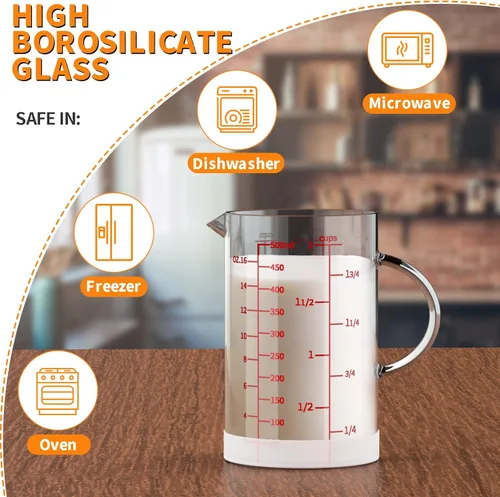 Miniatura 6 de 77L Vaso medidor de vidrio, 2 tazas/16.9 fl oz, taza medidora con mango y boquilla en forma de V, vaso de vidrio con tres escalas (OZ, taza, ML)