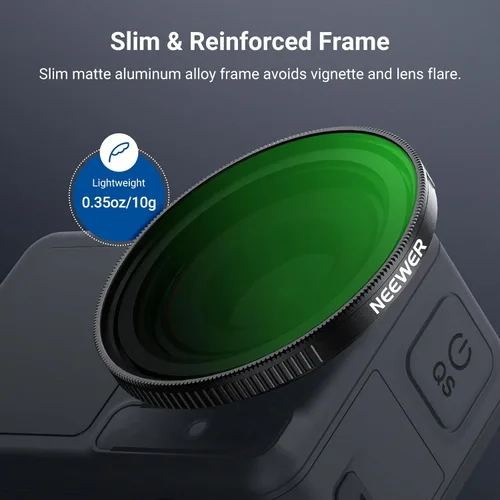 Miniatura 6 de NEEWER Filtro ND variable compatible con DJI Osmo Action 5 Pro/4/3, ND2-32 1-5 Paradas a presión Multicoated HD Vidrio óptico de densidad neutra