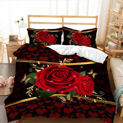 Miniatura 14 de AILONEN - Juego de funda de edredón tamaño individual, diseño de corazones para parejas, juego de ropa de cama rojo y negro, diseño "Yo y tú", juego