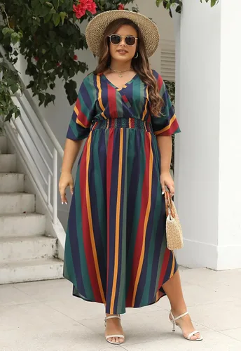 Miniatura 5 de Nemidor NEM403 - Vestido largo acampanado con cuello en V y estampado bohemio para mujer, talla grande, con bolsillo