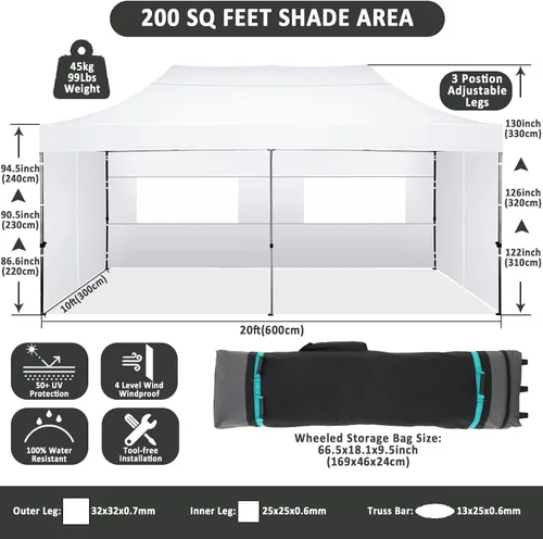 Miniatura 4 de COBIZI 10x20 Toldo emergente con 6 paredes laterales, toldo resistente UPF 50+ para todas las estaciones, resistente al viento, impermeable, Blanco